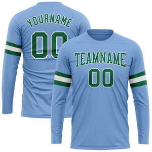 Custom Light Blue Kelly Green-White Long Sleeve Performance T-Shirt