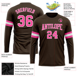 Custom Brown Pink-White Long Sleeve Performance T-Shirt