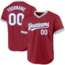 Load image into Gallery viewer, Custom Maroon White-Light Blue Authentic Throwback Baseball Jersey
