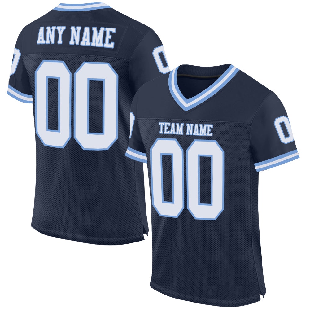 Custom Navy White Light Blue Mesh Authentic Throwback Football Jersey