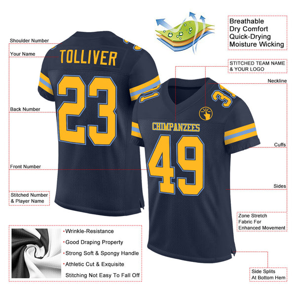 Custom Gold Navy-Powder Blue Mesh Authentic Football Jersey