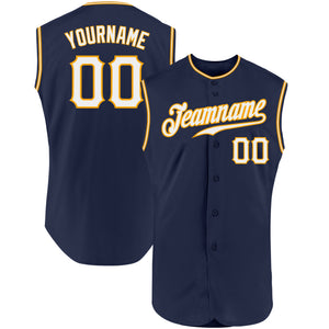 Custom Navy White-Gold Authentic Sleeveless Baseball Jersey