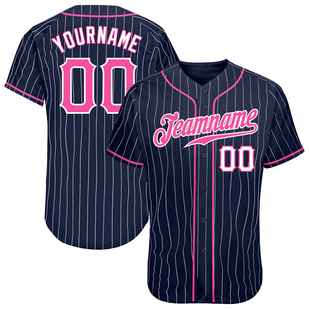 Custom Navy White Pinstripe Pink-White Authentic Baseball Jersey