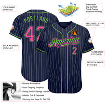 Load image into Gallery viewer, Custom Navy White Pinstripe Pink-Neon Green Authentic Baseball Jersey
