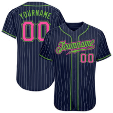 Load image into Gallery viewer, Custom Navy White Pinstripe Pink-Neon Green Authentic Baseball Jersey
