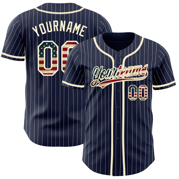 Custom Baseball Jersey Navy White Pinstripe Vintage USA Flag-Cream Authentic Men's Size:3XL