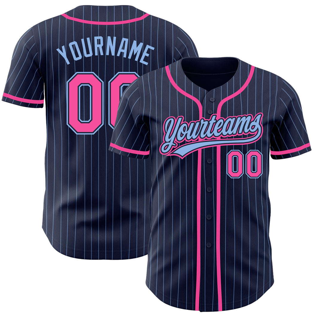 Custom Navy Light Blue Pinstripe Pink Authentic Baseball Jersey