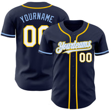 Load image into Gallery viewer, Custom Navy White Yellow-Light Blue Authentic Baseball Jersey
