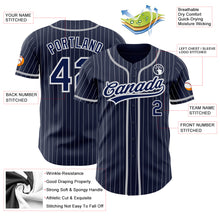 Load image into Gallery viewer, Custom Navy White Pinstripe Gray Authentic Baseball Jersey
