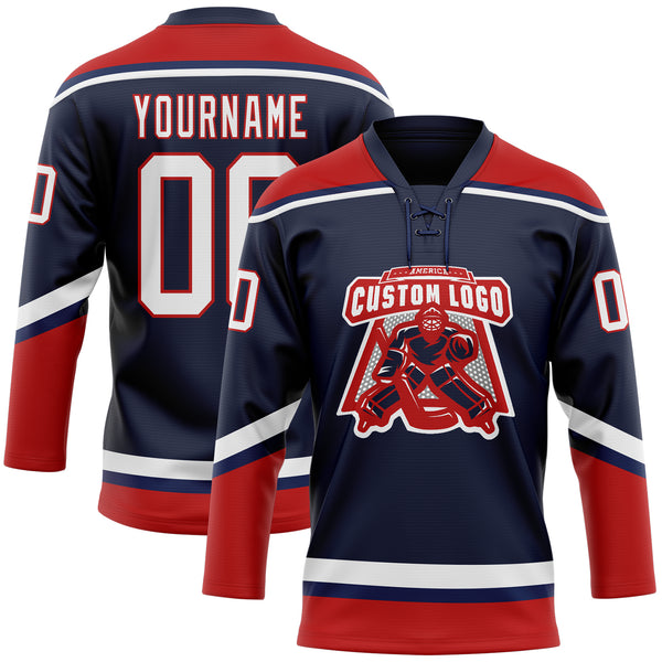 Custom Navy White-Red Hockey Lace Neck Jersey Discount