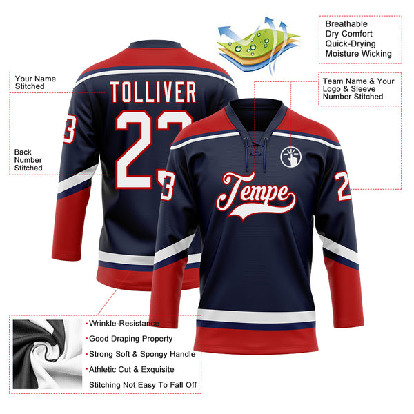 Custom Navy White-Red Hockey Lace Neck Jersey Discount