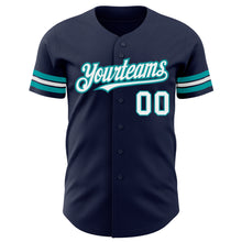 Load image into Gallery viewer, Custom Navy White-Teal Authentic Baseball Jersey
