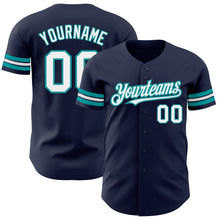 Load image into Gallery viewer, Custom Navy White-Teal Authentic Baseball Jersey
