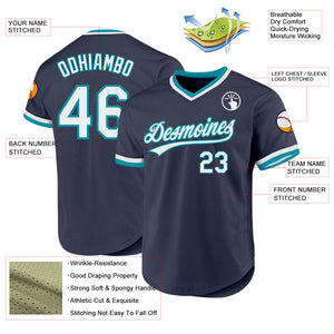 Custom Navy White-Teal Authentic Throwback Baseball Jersey