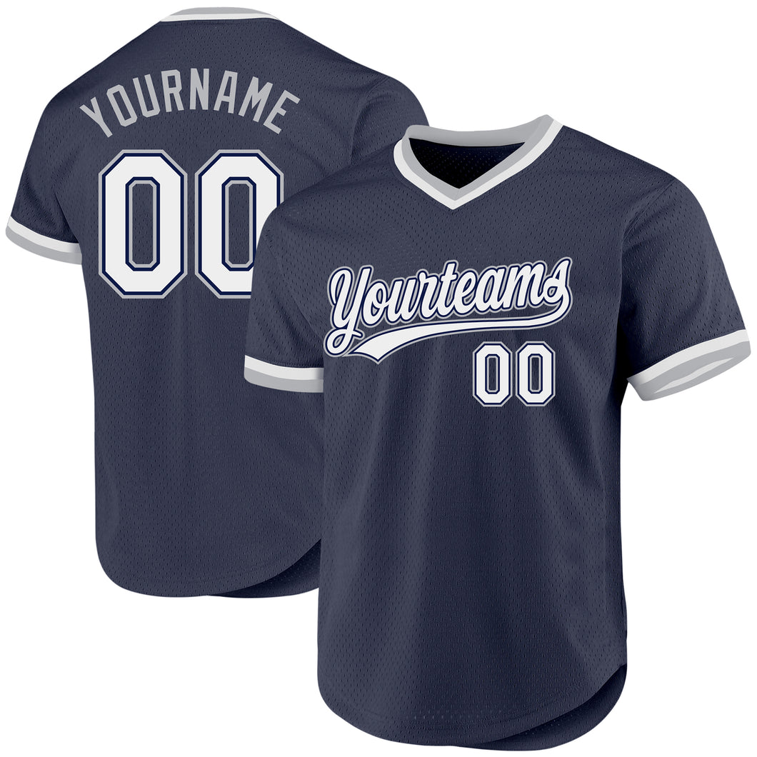 Custom Navy White-Gray Authentic Throwback Baseball Jersey