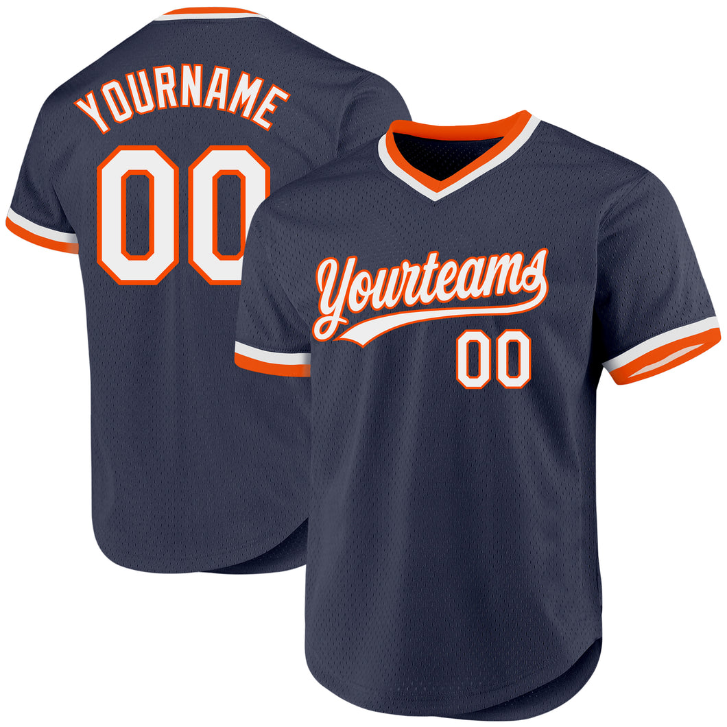 Custom Navy White-Orange Authentic Throwback Baseball Jersey