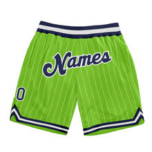 Load image into Gallery viewer, Custom Neon Green White Pinstripe Navy-White Authentic Basketball Shorts
