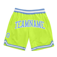 Laden Sie das Bild in den Galerie-Viewer, Custom Neon Green Light Blue-White Authentic Throwback Basketball Shorts
