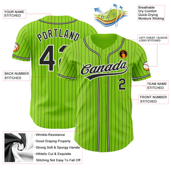 Custom Neon Green Black Pinstripe Black-White Authentic Baseball Jersey  Discount