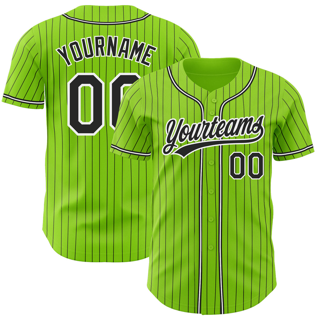 Custom Neon Green Black Pinstripe Black-White Authentic Baseball Jersey Men's Size:XL