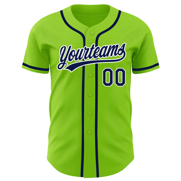 Custom Neon Green Navy-White Authentic Baseball Jersey Discount