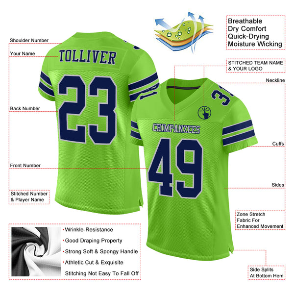 Custom White Neon Green-Navy Mesh Drift Fashion Football Jersey