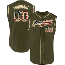 Charger l&#39;image dans la galerie, Custom Olive Vintage USA Flag-Cream Authentic Sleeveless Salute To Service Baseball Jersey
