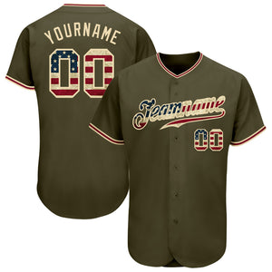 Custom Olive Vintage USA Flag-City Cream Authentic Salute To Service Baseball Jersey