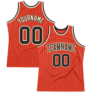 Custom Orange Black Pinstripe Black-Cream Authentic Basketball Jersey