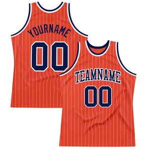 Custom Orange White Pinstripe Navy Authentic Basketball Jersey