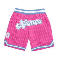 Load image into Gallery viewer, Custom Pink White Pinstripe White-Light Blue Authentic Basketball Shorts
