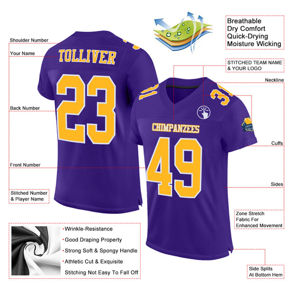 Custom Gold Purple-White Classic Style Mesh Authentic Football Jersey