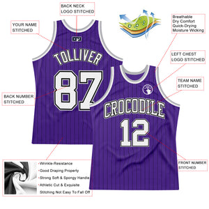 Custom Purple Black Pinstripe White-Gray Authentic Basketball Jersey