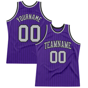 Custom Purple Black Pinstripe Gray Authentic Basketball Jersey