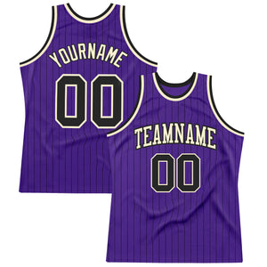 Custom Purple Black Pinstripe Black-Cream Authentic Basketball Jersey