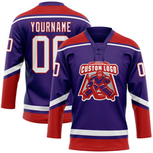 Загрузить изображение в средство просмотра галереи, Custom Purple White-Red Hockey Lace Neck Jersey
