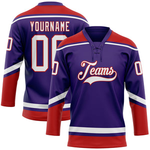 Custom Purple White-Red Hockey Lace Neck Jersey