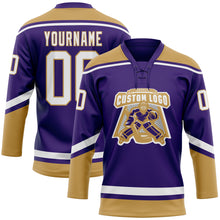 Laden Sie das Bild in den Galerie-Viewer, Custom Purple White-Old Gold Hockey Lace Neck Jersey
