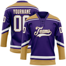 Laden Sie das Bild in den Galerie-Viewer, Custom Purple White-Old Gold Hockey Lace Neck Jersey
