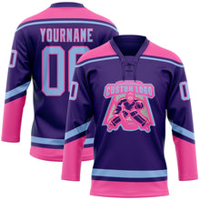 Загрузить изображение в средство просмотра галереи, Custom Purple Light Blue-Pink Hockey Lace Neck Jersey
