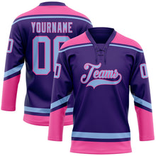 Загрузить изображение в средство просмотра галереи, Custom Purple Light Blue-Pink Hockey Lace Neck Jersey
