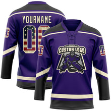 Загрузить изображение в средство просмотра галереи, Custom Purple Vintage USA Flag Cream-Black Hockey Lace Neck Jersey
