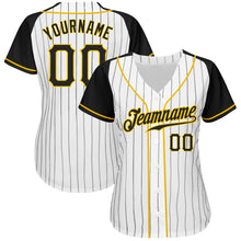 Загрузить изображение в средство просмотра галереи, Custom White Black Pinstripe Black-Gold Authentic Raglan Sleeves Baseball Jersey
