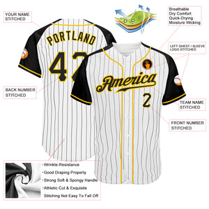 Custom White Black Pinstripe Black-Gold Authentic Raglan Sleeves Baseball Jersey