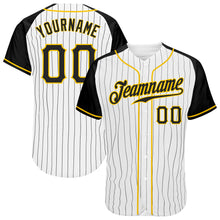 Загрузить изображение в средство просмотра галереи, Custom White Black Pinstripe Black-Gold Authentic Raglan Sleeves Baseball Jersey
