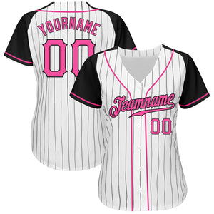 Custom White Black Pinstripe Pink-Black Authentic Raglan Sleeves Baseball Jersey