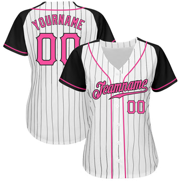 Custom White Black Pinstripe Pink-Black Authentic Raglan Sleeves Baseball Jersey