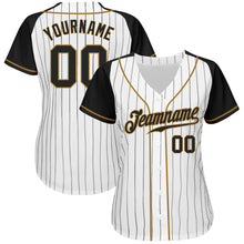 Загрузить изображение в средство просмотра галереи, Custom White Black Pinstripe Black-Old Gold Authentic Raglan Sleeves Baseball Jersey
