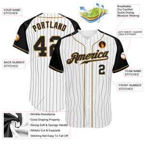 Custom White Black Pinstripe Black-Old Gold Authentic Raglan Sleeves Baseball Jersey