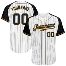 Загрузить изображение в средство просмотра галереи, Custom White Black Pinstripe Black-Old Gold Authentic Raglan Sleeves Baseball Jersey
